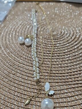 Gold Pearl & White Butterfly Layered Necklace - Women Jewelry